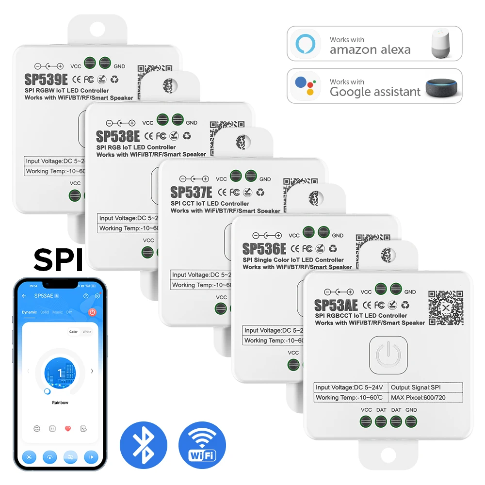 fcob spi led controlador sp536e sp53ae pixels ws2812b rgb sk6812 ws2814 rgbw faixa de luz wifi bluetooth musica ios android 5v24v 01