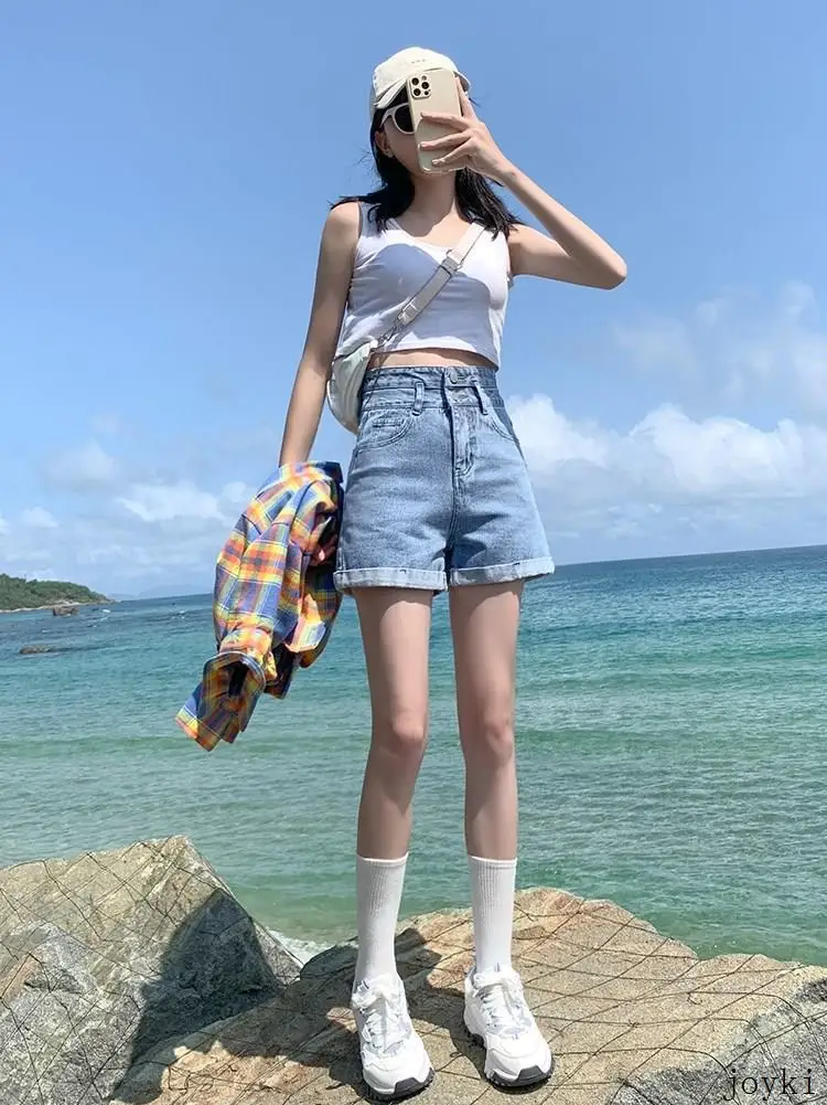 

High Waist Wide Waisand Denim orts Women's Slim Fit Summer Faionable Versatile Large Size Cotton Stretch Jeans