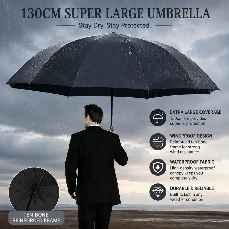 High‑Quality 130cm Large Manual Umbrella Ten‑Bone Reinforced Frame Windproof Waterproof Big Canopy Umbrella for Rain Protection