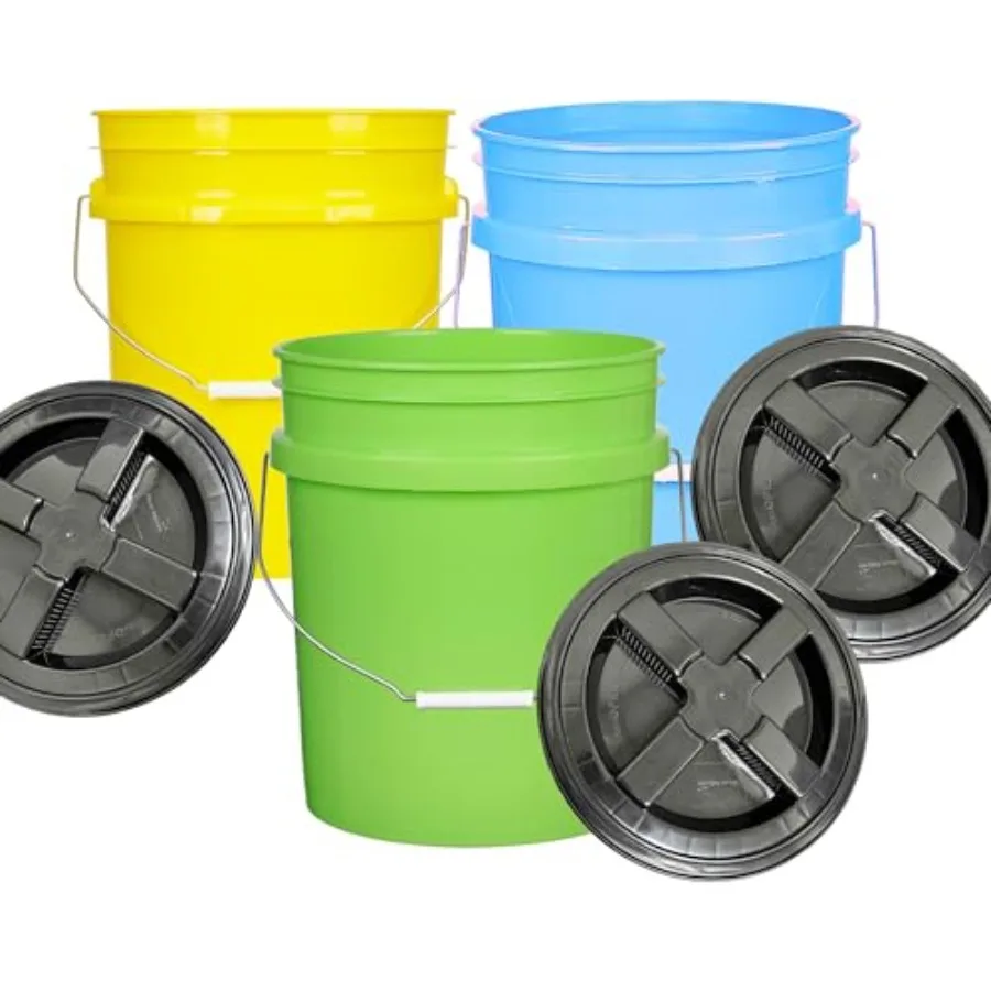 

5 Gallon Food Grade Multi Color Buckets Yellow Aqua Lime Green - Pack of 3- Made in USA (Black lids)