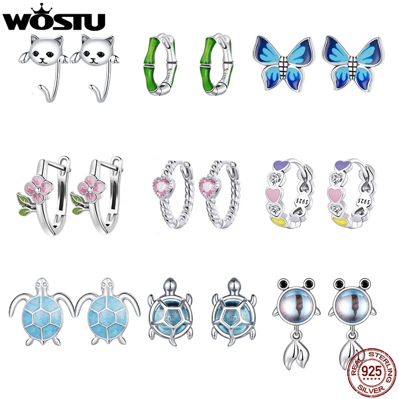 WOSTU 925 Sterling Silver Blue Sea Turtle Butterfly Kitty Ear Studs For Women Heart Flower s925 Hoop Earrings Fine Jewelry Gift