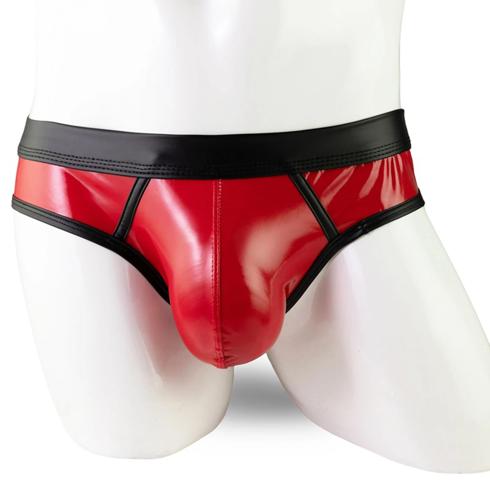 Sexy Mens Patent Leather Bulge Pouch Underwear Low Rise Underpants Elastic Waistband Underwear Contrast Color Briefs Panties