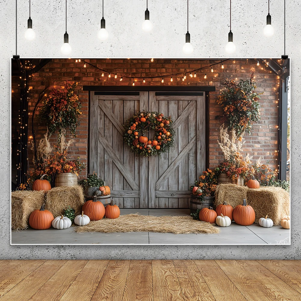 Autumn Photography Backdrop Grey Wooden Door Pumpkin Sunflowers Valley Stack 2025 Fall Thanksgiving Party Decor Photo Background