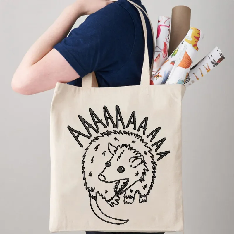 Cute Screaming Possum Print Tote Bag Casual Canvas Shopping Bag Funny Animal High Capacity Shoulder Bag