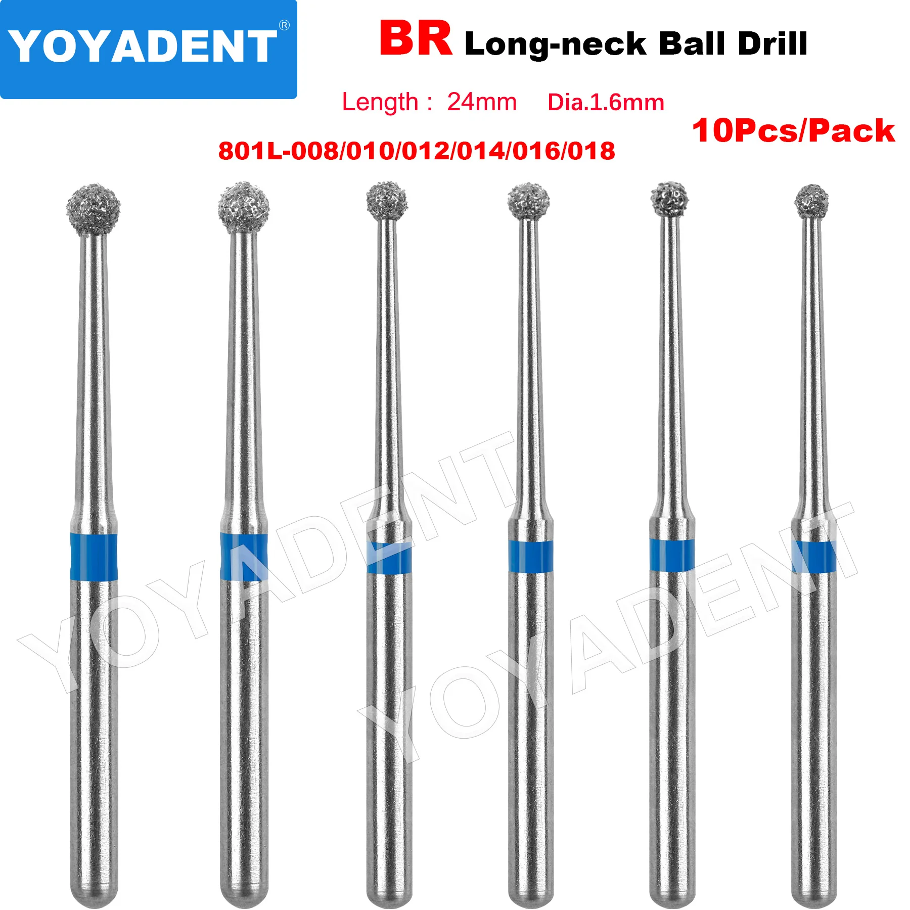 10Pcs BR Long-neck Ball Diamond Burs 24mm FG 1.6mm Shank Dental Round Ball Drill for High Speed Handpiece Dentistry Tools