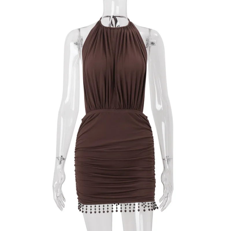 Minivestido ceñido con espalda descubierta y borlas con cuentas para mujer, minivestido Sexy con cordones y cuello Halter, sin mangas, ajustado, para fiesta y discoteca