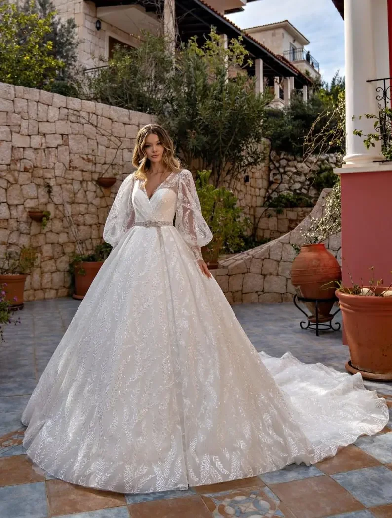 Luxury Sparkly Lace Puff Sleeve Wedding Dress V Neck Beaded Belt Ball Gown Elegant Bridal Dress With Cathedral Train Customized