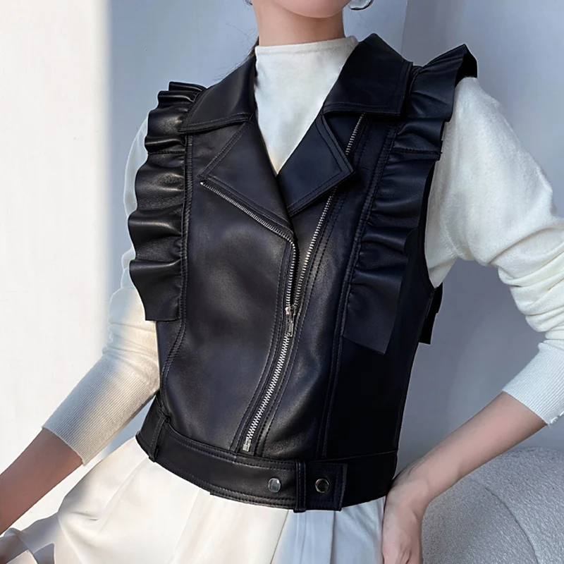 White Clothing French Fashion 2022 Winter Women Vest Female Sleeveless Garment Thin Retro Ruffled Genuine Leather Gelit Casacas