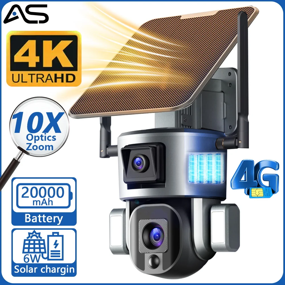 4K 4G Wireless Solar Camera 8MP WiFi Dual Lens 10X Optical Zoom  Solar Panel Humanoid Tracking PTZ Security Cam IP66 Waterproof