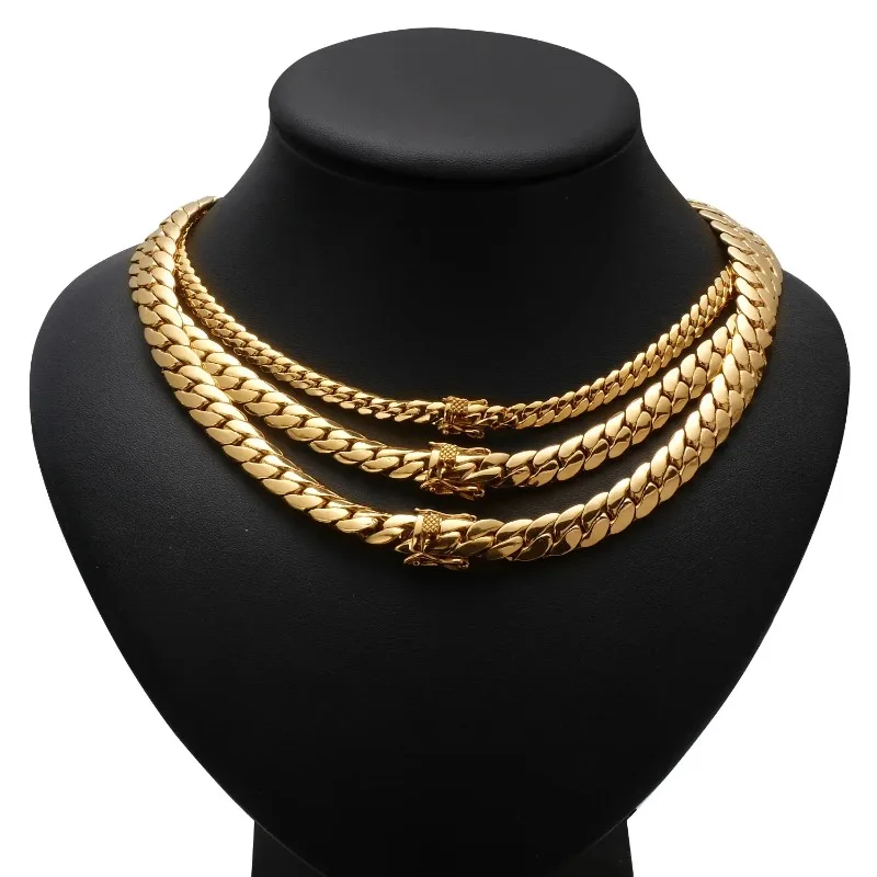 18K Gold Plated Waterproof Stainless Steel Bracelet Necklace Men Hiphop Cuban Whip Chain Necklace 6mm/ 8.8mm/9.6mm 16