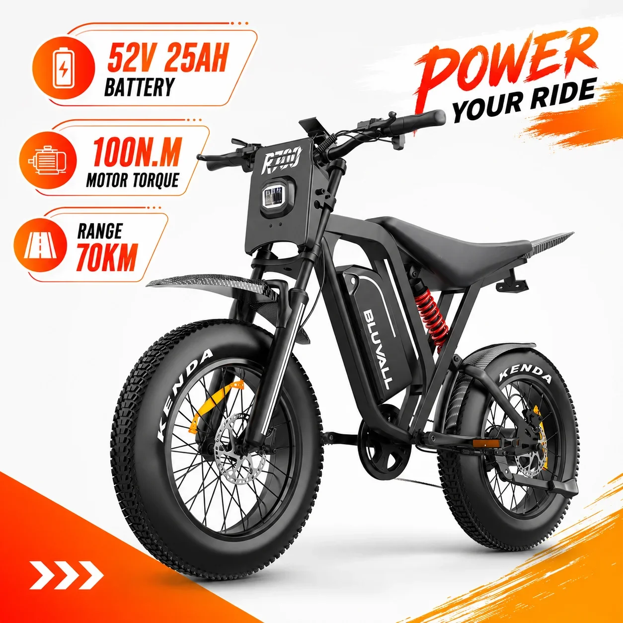 BLUVALL R700 20 Zoll Fatbike Elektrofahrrad 52V 25Ah Vollfederung Hydraulische Bremse Shimano 7-Gang E-Bike