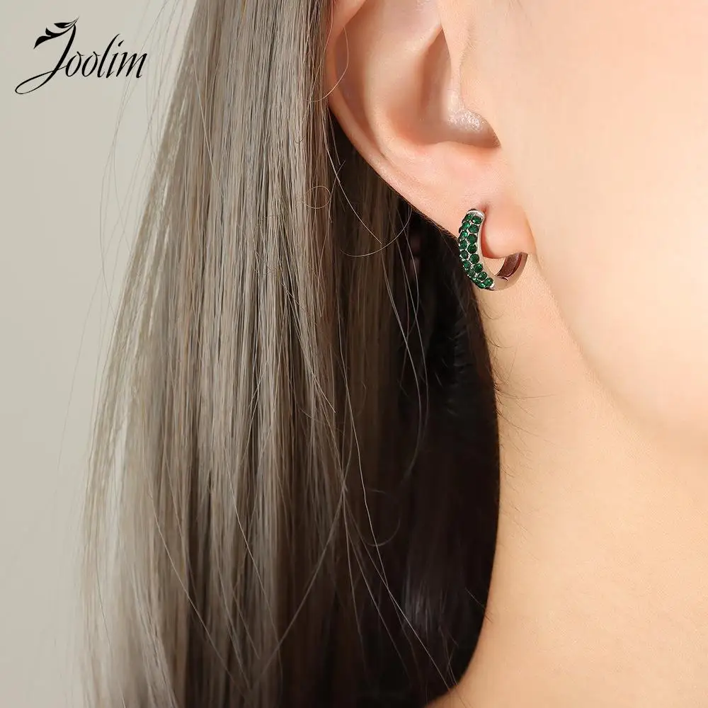 JOOLIM Jewelry High End PVD Wholesale Tarnish Free Delicate Luxury Clear&Green Zirconia Huggie Stainless Steel Earring For Women