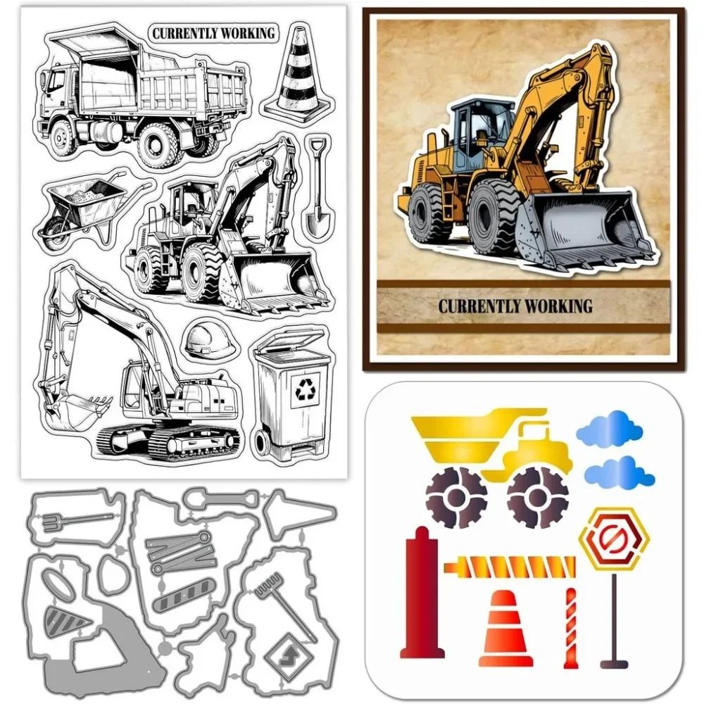 Baufahrzeug-Stempel aus Metall, Bagger, Gabelstapler, Stanzformen, Müllwagen, Malerei- und Bastelschablonen für die Kartenherstellung