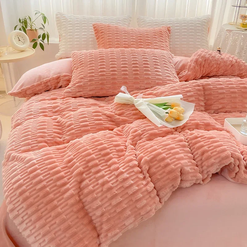 Solid Color Tortoise Velvet Bedding Set Autumn and Winter Thick Warm Rabbit Velvet Bedclothes Nordic Quilt Cover Kit with Sheets