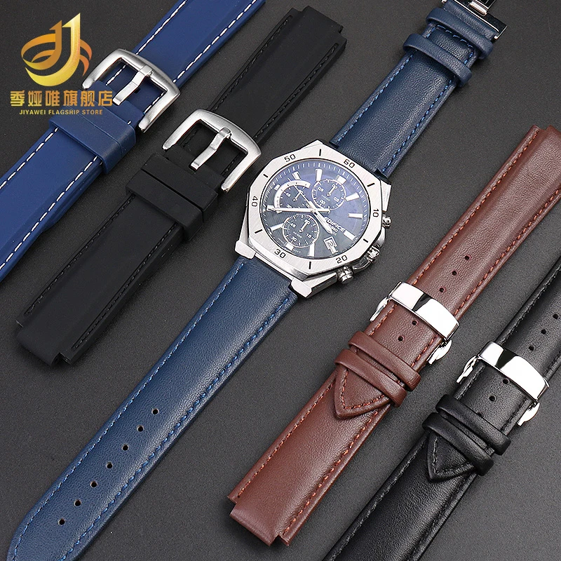 Genuine Leather Watch Strap for Casio EFB-680 GSTB400 GST-B400/B200 ECB-10YD Modification Watchband 24x14mm Bracelet Black Blue