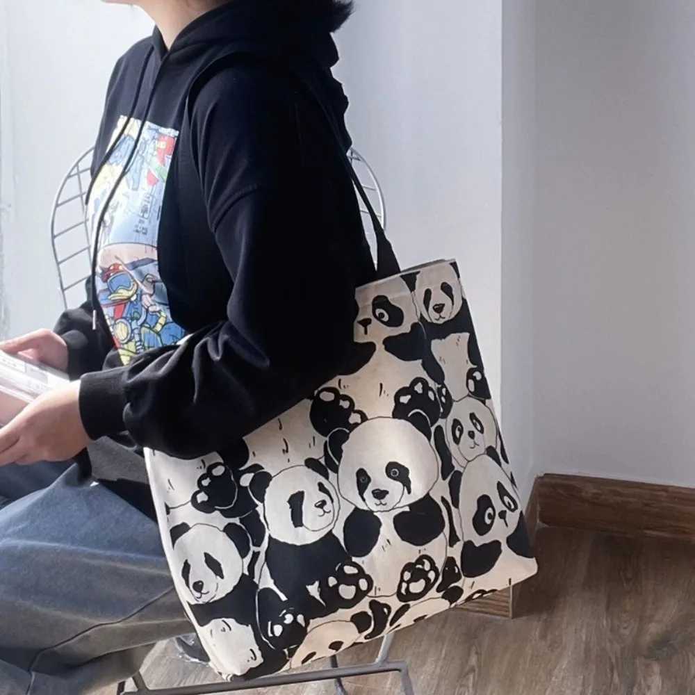 Cute Canvas Shopper Bags Cartoon Panda Eco Reusable Handbags Foldable Printed Student Tote Book Bag