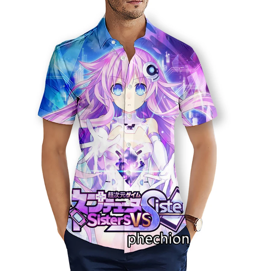 phechion Summer Mens Short Sleeve Beach Shirts Hyperdimension Neptunia 3D Printed Casual Shirts Fashion Streetwear Men Tops X115