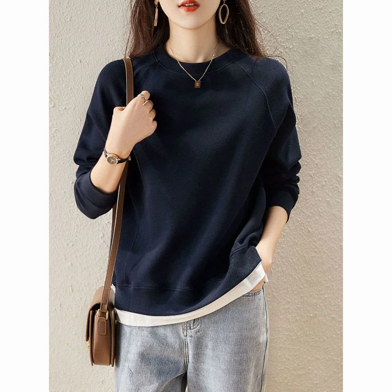 Pure Cotton Fake Two Piece Round Neck Sweater Long Sleeved Women\'s Spring and Autumn Thin Style New Loose Short Lady Top