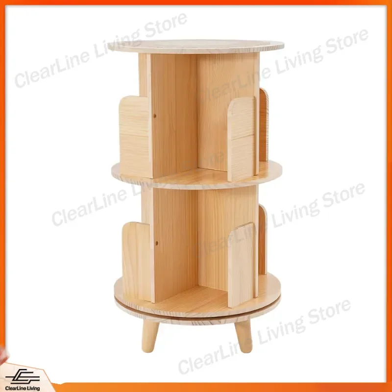 Solid Wood Rubber Wood Rotating Bookshelf Kids Toy Storage Cabinet Floor to Ceiling Picture Book Display Stand Children
