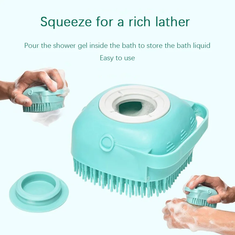 Pet Grooming Bath Massage Brush With Soap And Shampoo Dispenser Soft Silicone Bristle For Long Short Haired Dogs Cats Shower