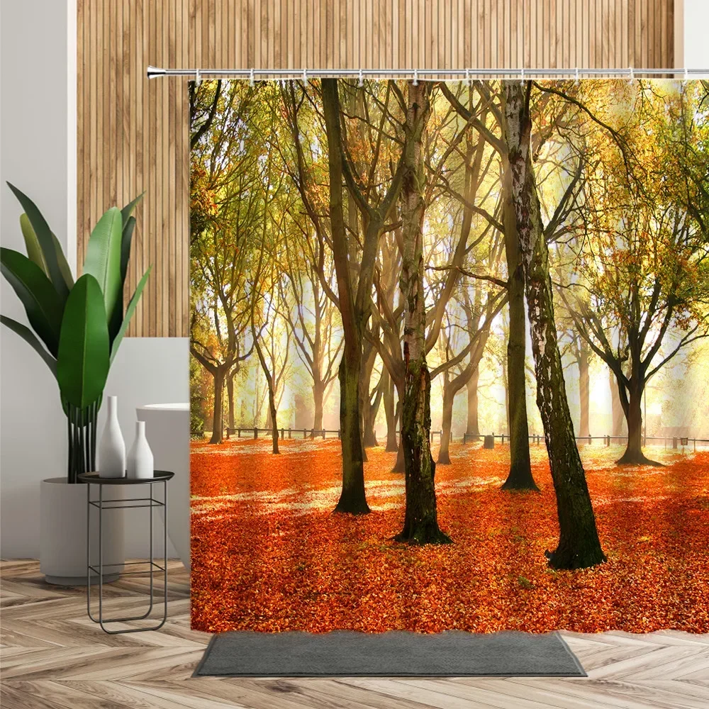 Forest Maple Tree Shower Curtain Waterfall Jungle Autumn Nature Orange Leaves Bathroom Decor Bath Curtains Home Decoration Cheap