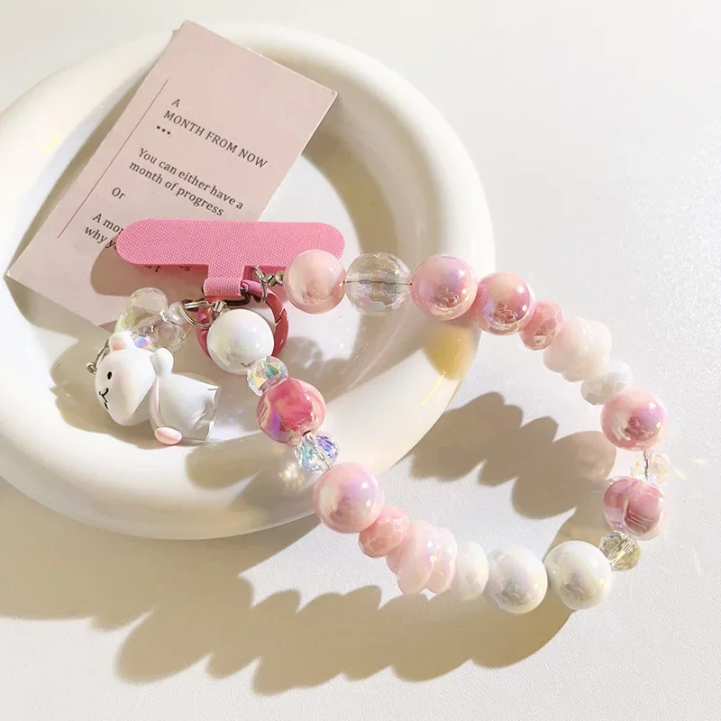 Pink bear beaded chain love mobile phone lanyard irregular bead bead chain DIY wristband rope ornament