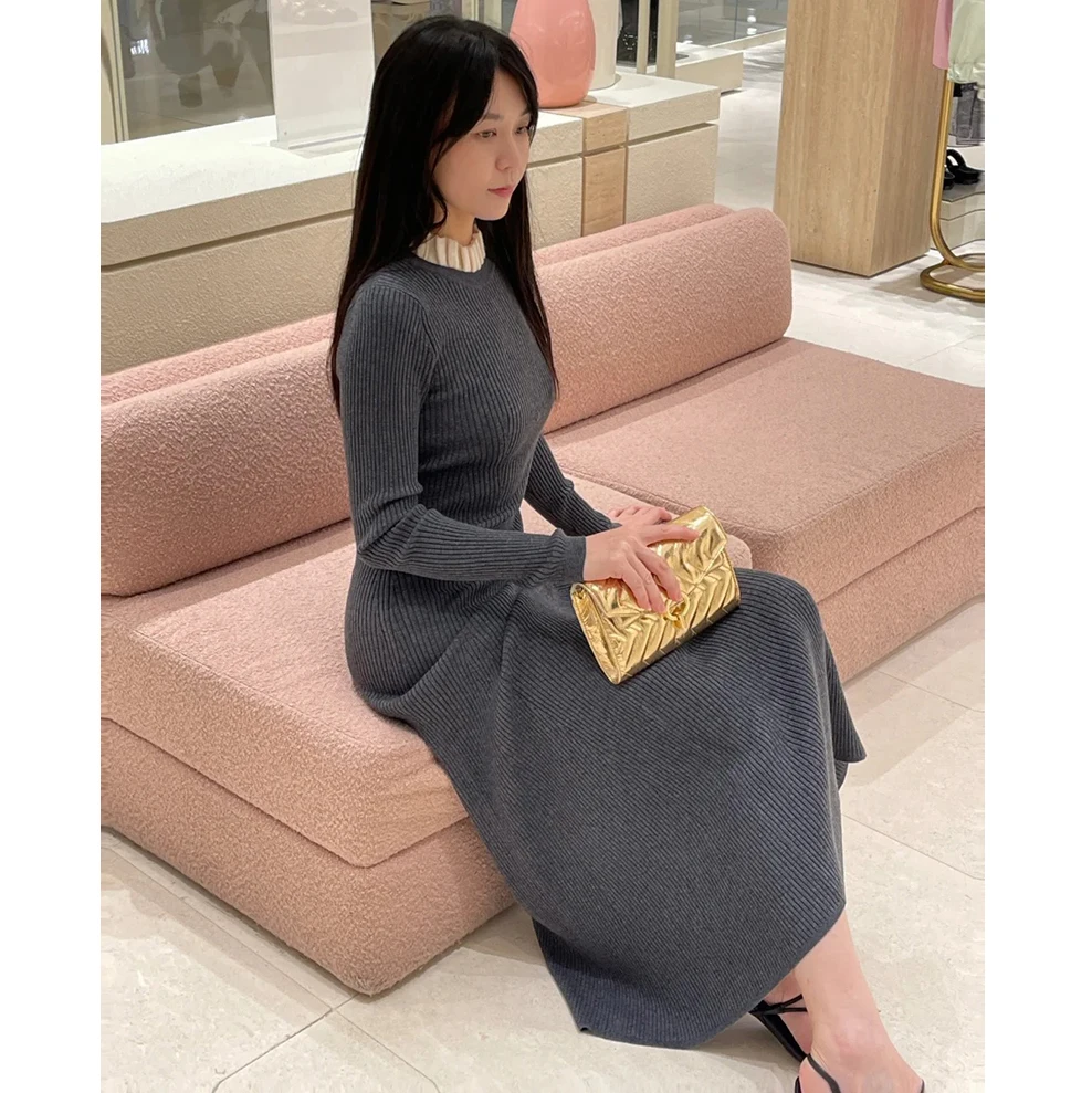 

Ele Long Knitted Dr Slim Fit Color Blo Wood ain Collar Vertical Stripe French Sle Spring Faionable Curves