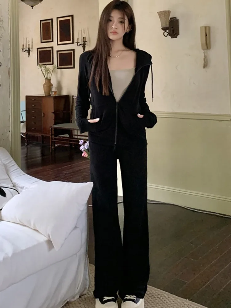 

Y2K Korean High Street Two Piece Set Women Tracksuit Hooded Jacket Drawstring Wide Leg Long Pants Outfits Casual Chic Suit Sets