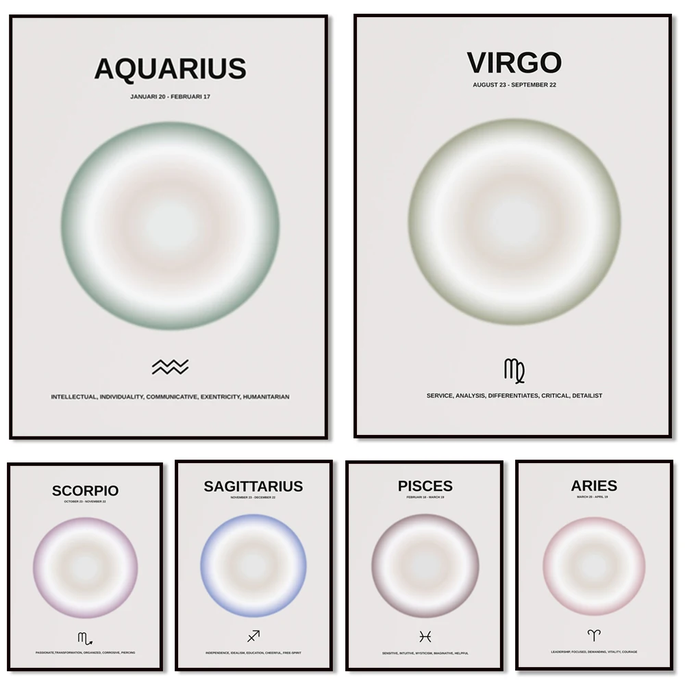 Zodiac Prints, Scorpio, Aquarius, Libra, Sagittarius, Aries Zodiac Print, Pastel Gradient Aesthetic Wall Art Zodiac Wall Poster