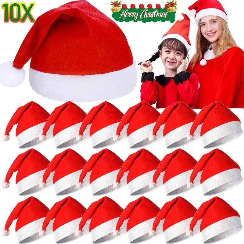 1-10pcs New Christmas Hats Adults Kids Non-woven Red Santa Claus Hat Xmas Caps for New Year Party Home Decoration Festival Gifts