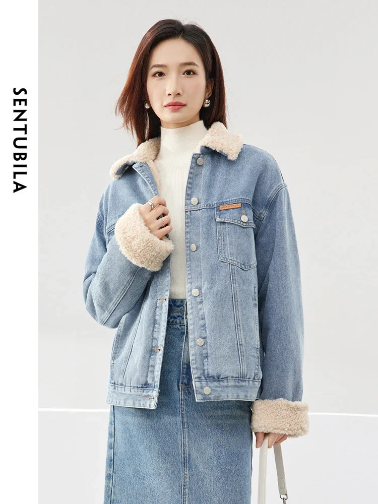 SENTUBILA Teddy-lined Denim Jacket Women 2024 Autumn Winter Single Breasted Thick Warmth Jean Coat Female Outerwear W44W58537X