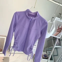 2024 Women Sports jackets Slim Fit Long Sleeved Side Drawstring Zipper  Tops Quick-Dry Fitness Outdoor Running Top Sports Coat