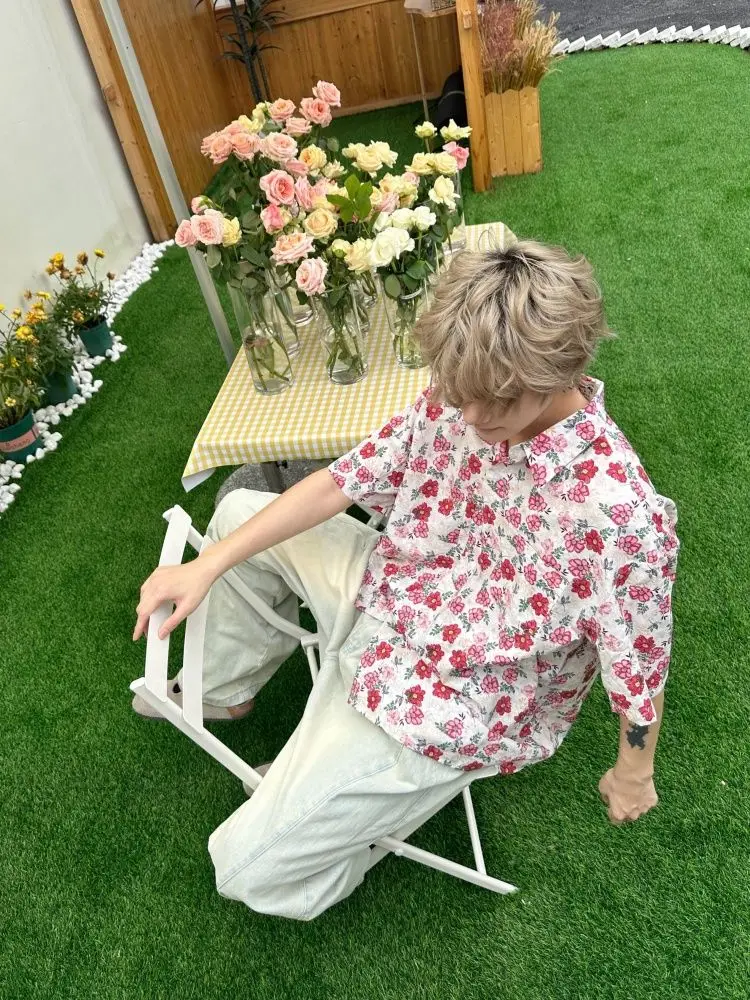 

Men Women Floral Print Casual Shirt Loose Short Sleeve Button Down Summer Beach Tops Retro Streetwear Thin Outerwear