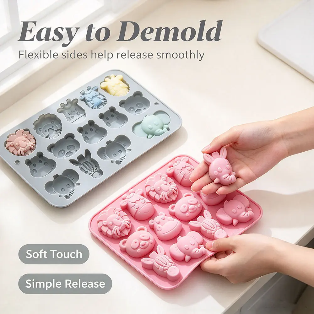 Animal Silicone Baking Mold,Lion Panda Elephant Hippo Zebra Molds,Oven Safe Chocolate Tray for Muffin,Cupcake, Jello, Ice Making