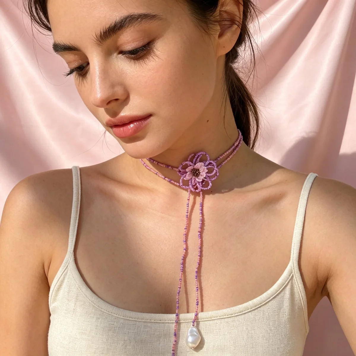 Böhmische handgefertigte Halskette mit gewebten Reisperlen und Blumenmuster für Damen, barocke Kunstperlen-Quastenkette, lange Pulloverkette, Schmuckstück – Detail 12