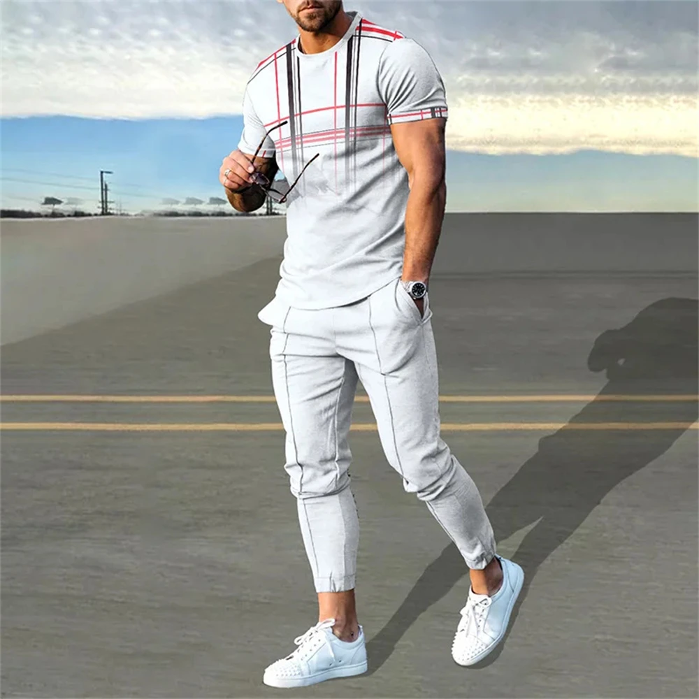 Fashion Colorful Blocks 3D Print Men Sportswear Set Short-Sleeved T Shirt Pants 2-Piece Set Oversized Pullover Men Clothing