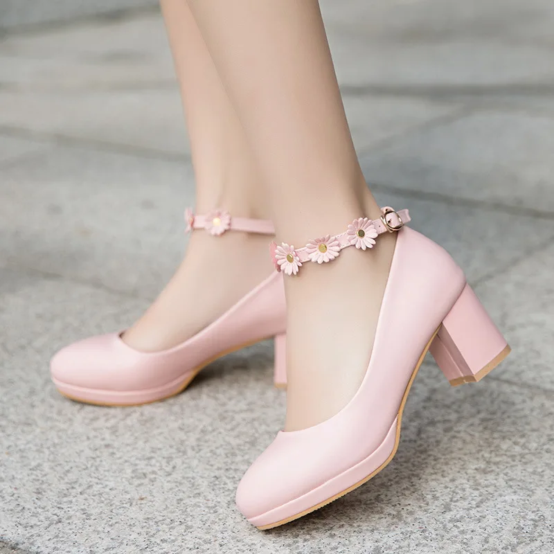 White Wedding Party Girls High Heels Pink Chunky High Heel Lolita Shoes Female Princess Flower Ankle Buckle Women Pumps 30-43