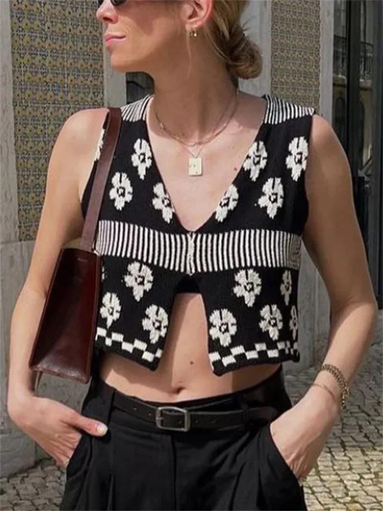 

Printed Vintage Fashion Cropped Top Vest For Women Contrast Fashion Sleeveless Summer V-Neck Tank Top Female Y2k Top New