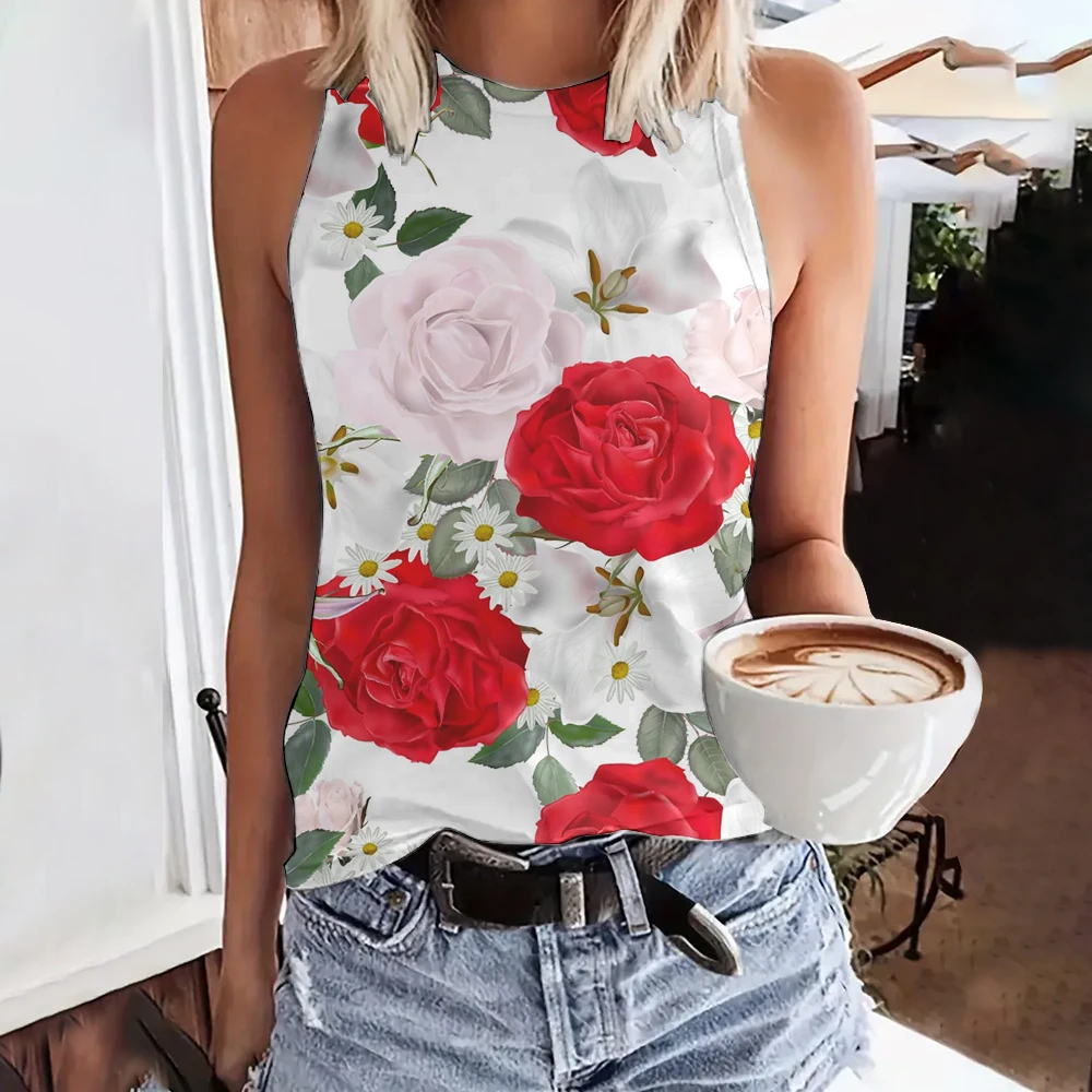 Moda letni kwiat 3D podkoszulki z nadrukiem kobiety Harajuku Streetwear ponadgabarytowa kamizelka z okrągłym dekoltem Off ramię bez rękawów kobieta Camisole