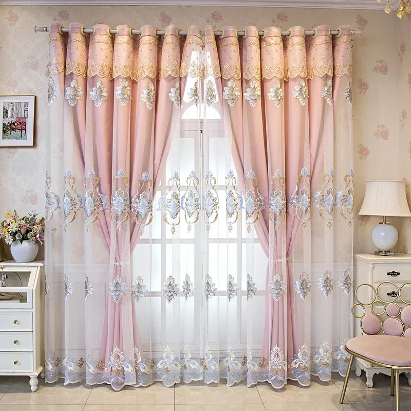 

European Style Embroidered Double-Layer Curtain Yarn Blackout Curtains for Living Dining Room Bedroom Balcony Curtains Customize
