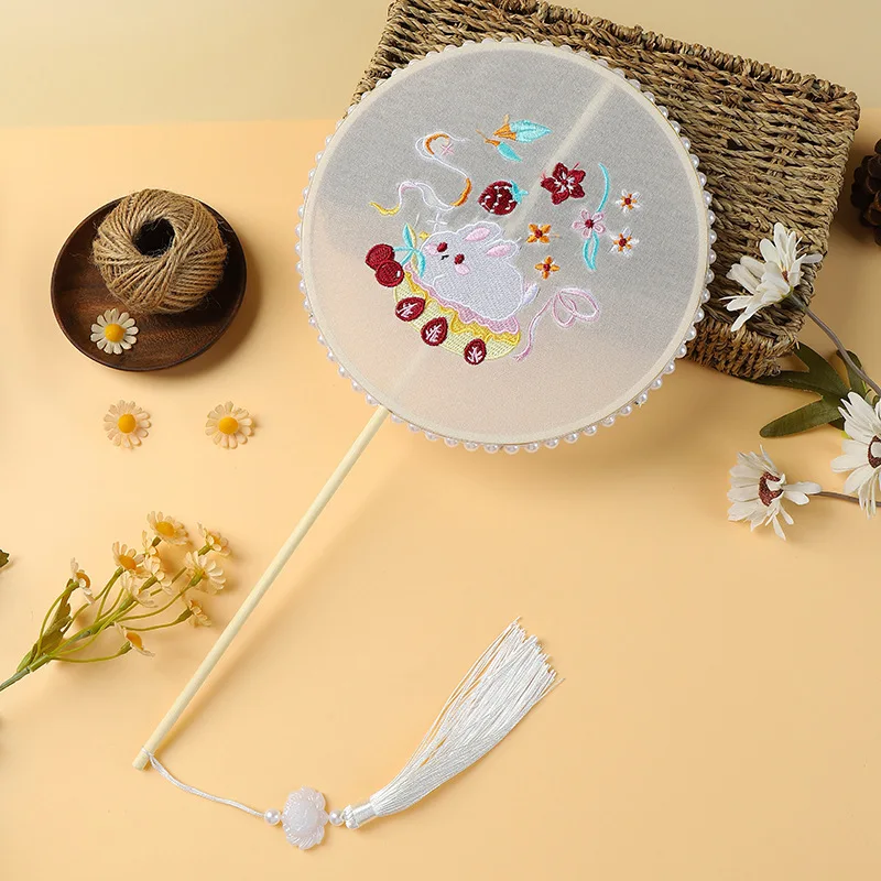 Long-Handled Embroidered Classic Chinese-Style round Fans Ancient-Style Dance Fans for Summer Classical Circular Fans
