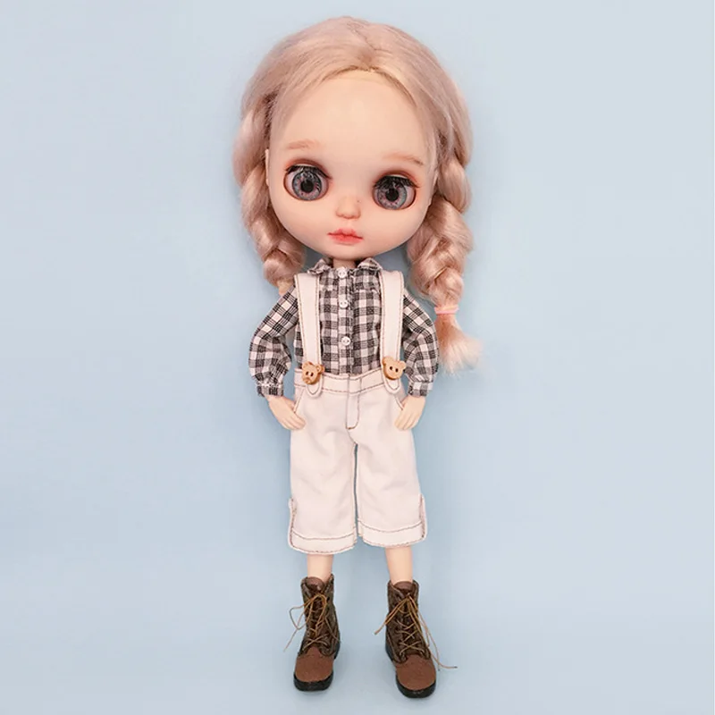 Casual Blyth Doll Clothes Rompers Plaid Pants Overall Long Sleeve Top Suit Doll Accessories for Ymy Licca Azones Ob24 Ob27 Doll