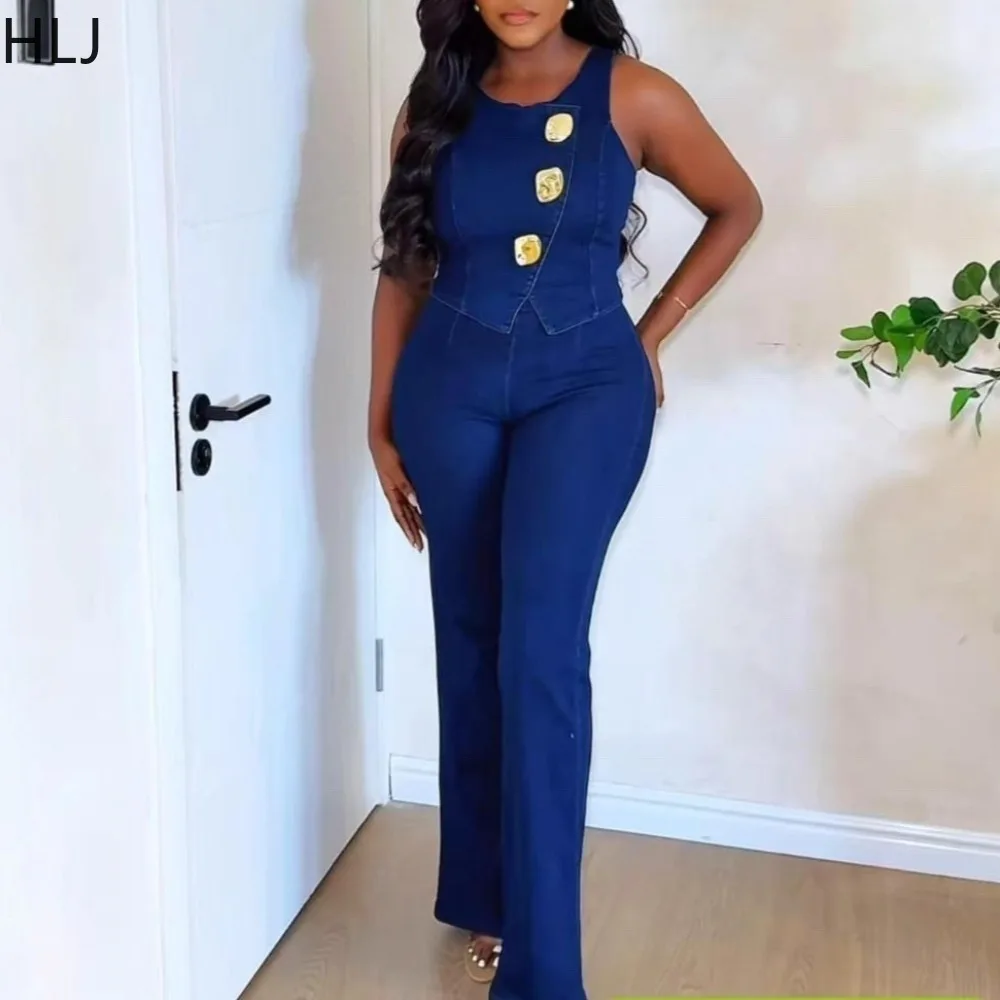 HLJ Fashion Denim 2 Pieces Set for Woman Metal Decoration Sleeveless Crop Jacket and Pants Matching Suits Female Streetwear New