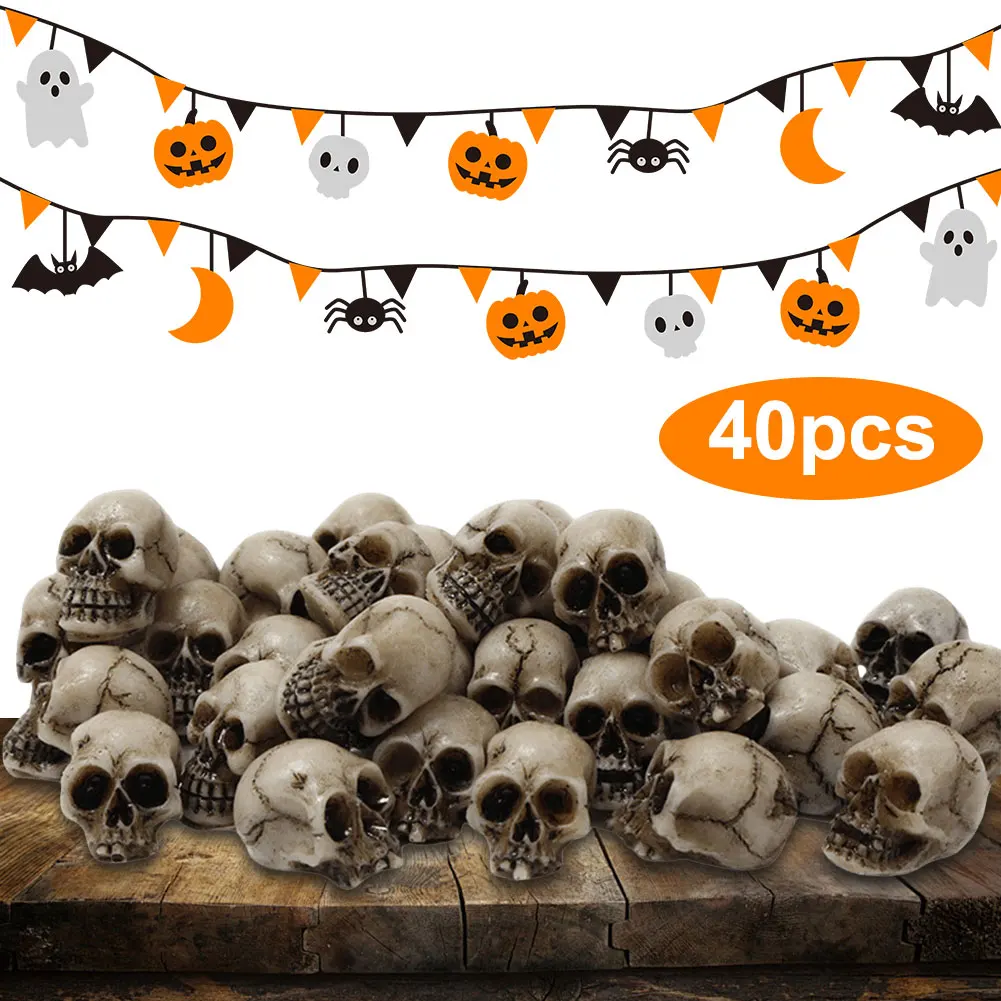 40Pcs Halloween Mini Skull Heads Decor Decorative Scary Prank Props Resin Terrifying Skull Rocks Haunted House Decoration Props