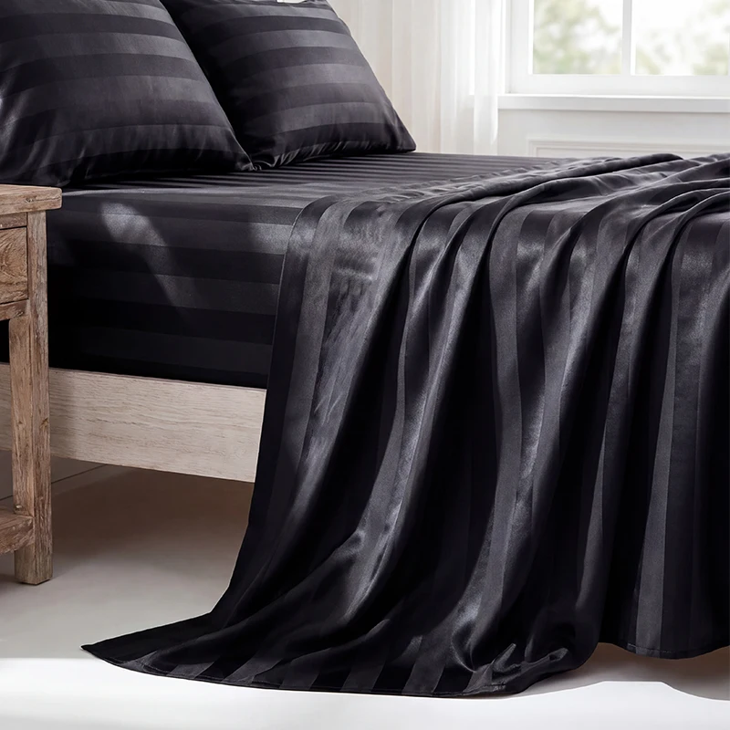 Wrinkle Free Satin Bed Sheet Set, Jacquard Striped Silky Flat Sheet & Pillowcase, Cooling Soft Bed Linens with Multiple Color