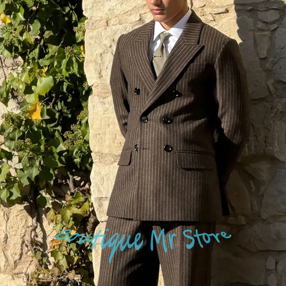 

Luxury Men's Gray Woolen Pinstripe Suit Double-Breasted Tailored Fit Jacket+Pants Classic Formal Attire Business Wedding Outfit
