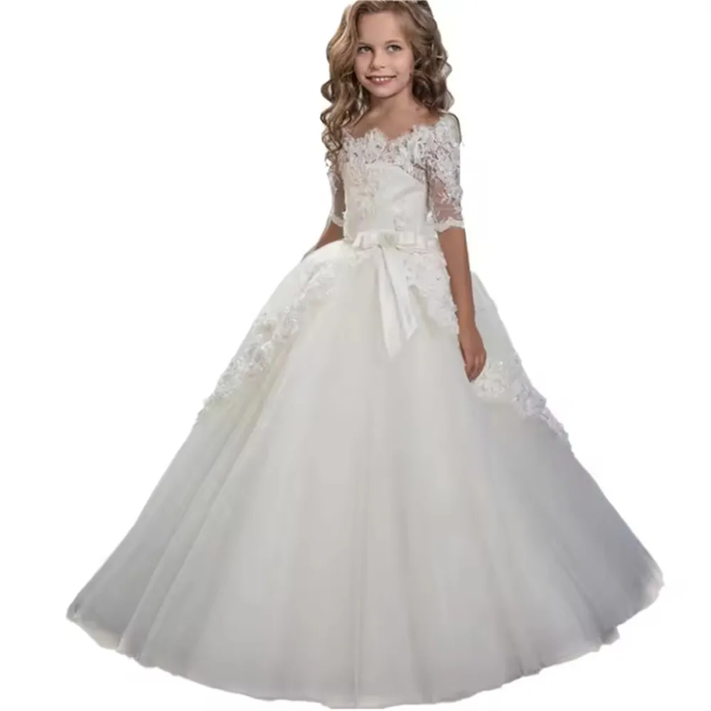 NEW First Communion Dresses Half-sleeved Lace Printed Princess Dress White Angel Flower Girl Bridesmaid Wedding Dream Kids Gift