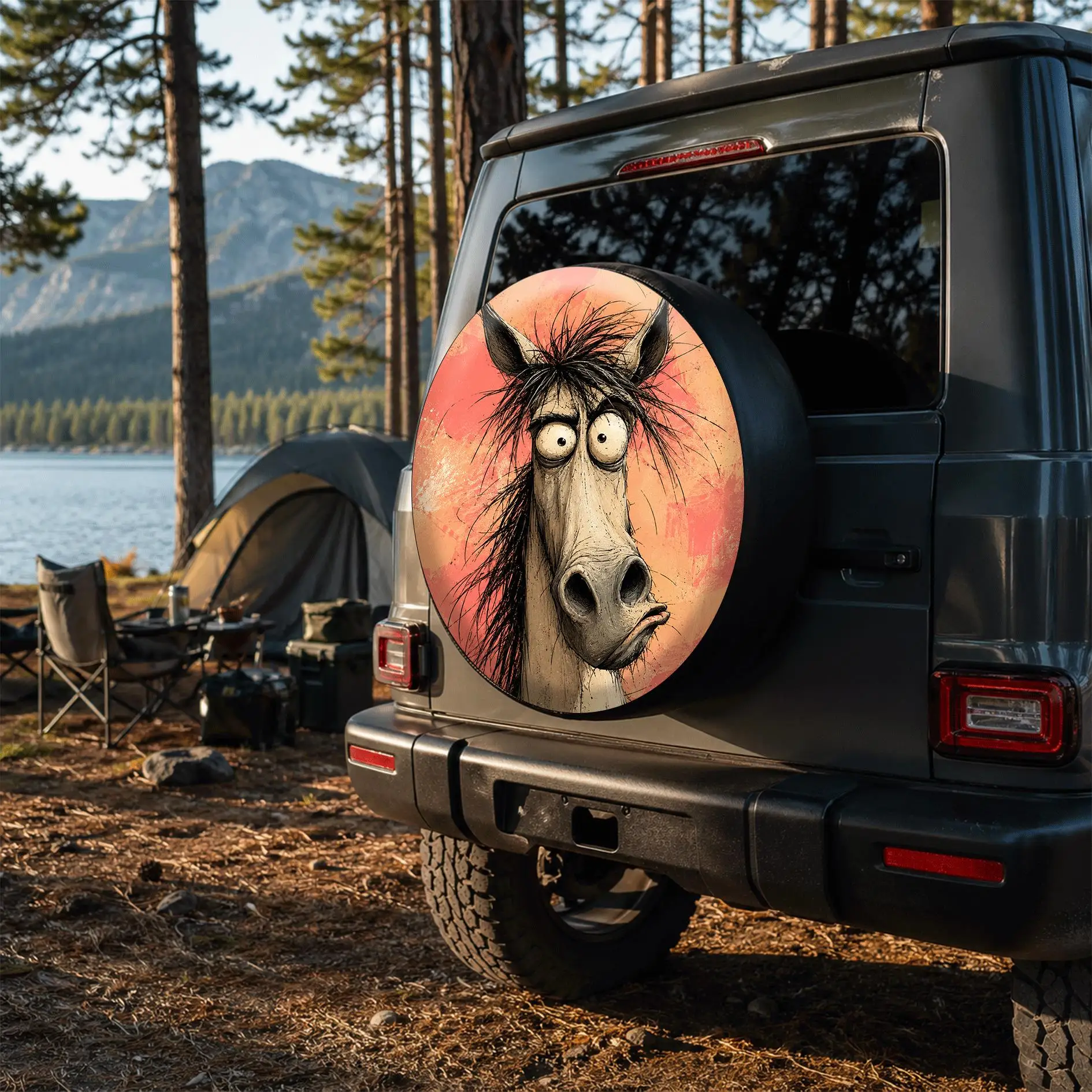Cartoon Funny Horse Printed Spare Tire Cover Universal Wheel Protector for SUV Jeep Truck Easy Install