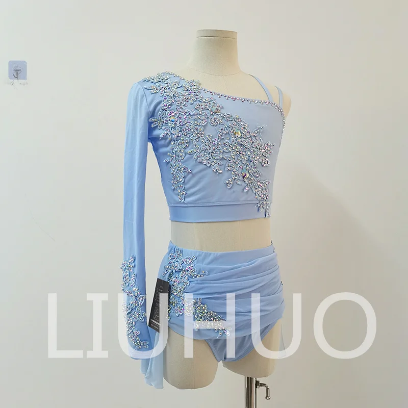 LIUHUO Lyrical Dancing Dress for Performance Blue Color Pole Skirt Two Pieces BD8849