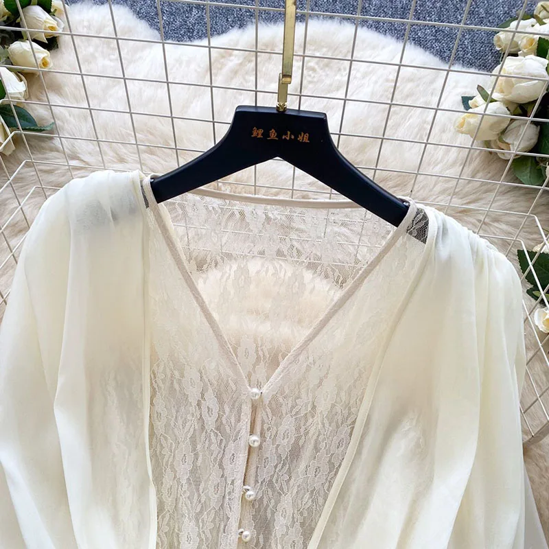 Fairycore Lace Chiffon Dresses With Stretch Shorts Pearl Button Bow Female Ruffles Sheer Seaside Holiday Mini Dress